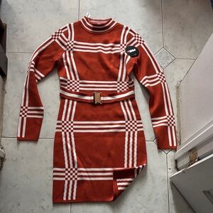 Elegant Red and White Checkered Long Sleeve Dress
